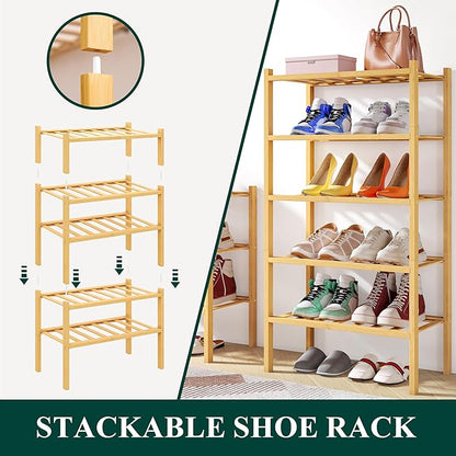 Smiry Small Bamboo Shoe Rack, 2 Tier Free Standing Wooden Shoe Organizer, Stackable Wood Shoe Storage Shelf for Closet, Entryway, 12 Vertical Slats, One-piece Standard Legs, 17.3"x11"x13", Natural