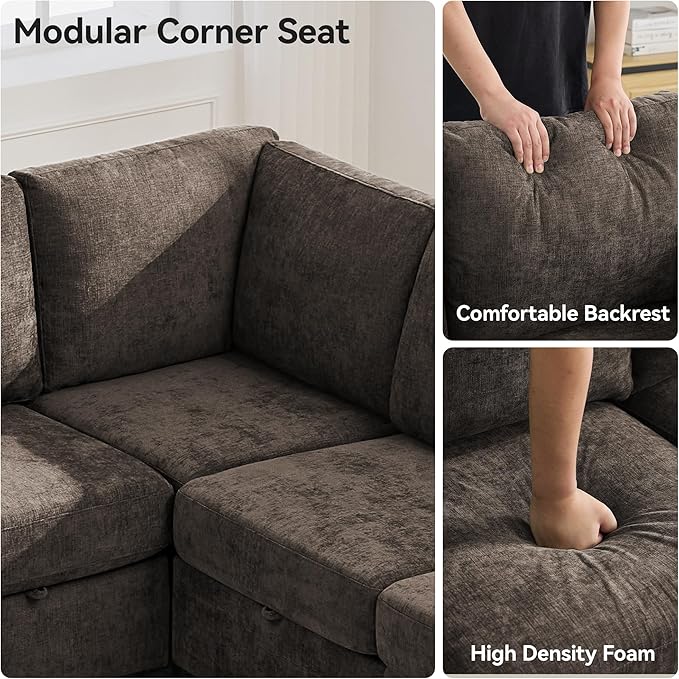 104'' U Shaped Modular Sofa, Sectional Couches with Storage for Living Room, Oversized 8 Seater Cloud Sectional Couch, Chenille Brown