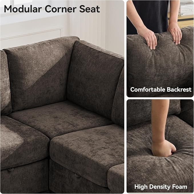 127'' Oversized U Shaped Modular Sofa, Sectional Couches with Storage for Living Room, Modern 9 Seater Cloud Sectional Couch with Movable Ottoman, Chenille Brown