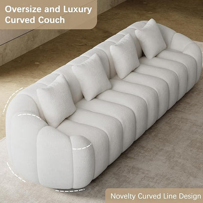 124" Oversized Minimalistic Boucle Sofa for Living Room, Luxury Plush Extra Deep Seat Sectional Sofa, Modern Comfy Curved Cloud Couch, Upholstered 5-Seater Chenille Couches, Beige White