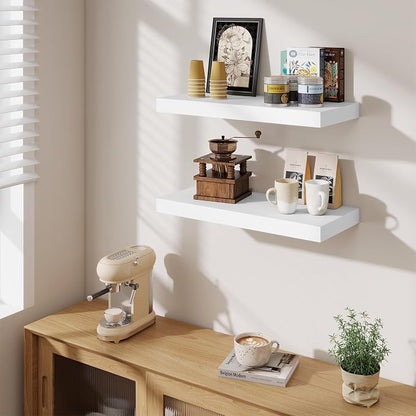 Fun Memories 24 x 10 Floating Shelves Wall-Mounted - Rustic Wood Shelf - 10 Inch Deep Floating Shelves for Wall - Large Storage Shelf for Bathroom - Kitchen & Bedroom - White - Set of 2