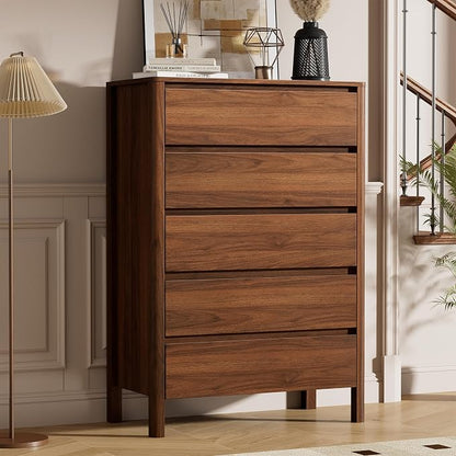 Walnut Dresser for Bedroom, 5 Drawer Dresser with Wood Legs, Tall Wood Dresser, Mid Century Modern Chest of Drawers, Large Storage Bedroom Furniture, Walnut