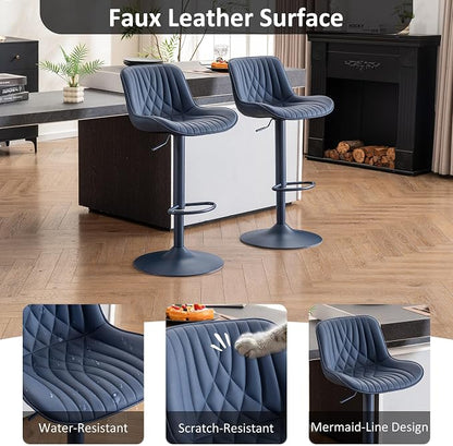 YOUTASTE Bar Stools Set of 2, Adjustable Swivel Counter Height Barstools with Back, All Navy Blue Faux Leather Upholstered Bar Chairs with Metal Base, Stools for Kitchen Island or Home Bar