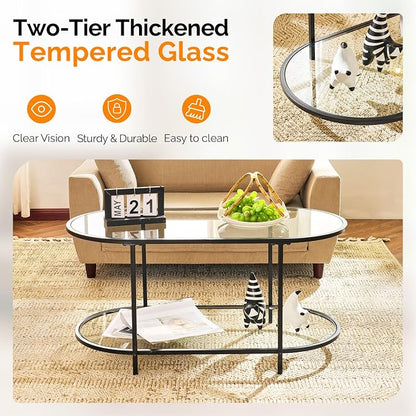 VINGLI Glass Coffee Table, 38" Oval Coffe Table for Home Decor, Modern Tea Table with 2-Tier Storage, Skinny Coffee Tables for Living Room, Office, Small Space, Black