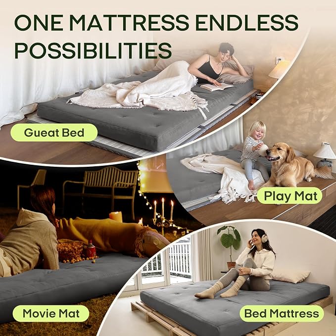 ZonLi Japanese Floor Futon Mattress King Size 76"x 80"100% Cotton Cover 6'' Thicken Tatami Mattress,Foldable Sleeping Pad,Portable Dormitory Tatami Mat,Roll Up Floor Lounger Bed for Adult (Grey)