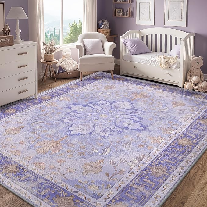 RELEANY Area Rugs Large 9'x12' Washable Non-Slip, Floral Vintage Distress Medallion Carpet for Living Room Bedroom Dining Room, Light Purple Brown