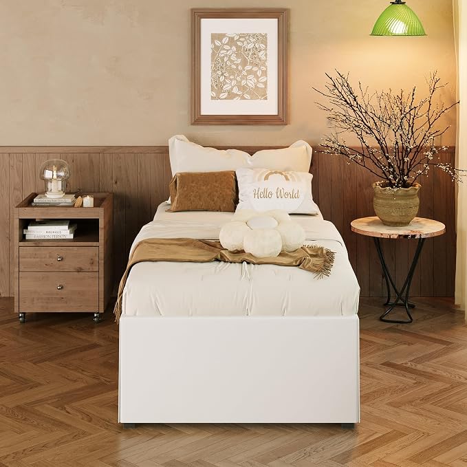 EMODA 18 Inch Twin Bed Frames with White Cover Skirt, Heavy Duty Metal Twin Platform Bed Frame No Box Spring Needed, Noise Free, Easy Assembly