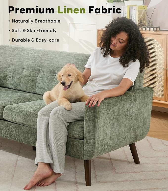 Tbfit 77.2" W Linen Sofa Couch, Mid Century Modern Decor Loveseat Couches for Living Room, Button Tufted Upholstered Small Couch for Bedroom, Solid, and Easy to Install Love Seats Furniture, Green