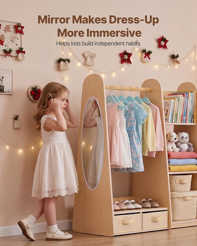 VEVOR Kids Dress Up Storage, with Mirror, Dress Up Closet, Toddler Wardrobe Closet for Little Girls, Armoire with Shelves & Bottom Tray, Costume Organizer, Toddler Room Furniture, for Bedroom, Natural