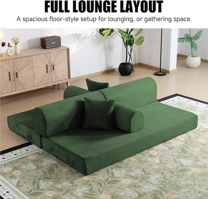 78.8" Boneless Memory Foam Couch, Corduroy Convertible Floor Sofa Bed, Fold-Out Sleeper Futon Loveseat, Wide Armrests & Supportive Back, 1200 lb, Couch in a Box, 2 Pillows, Dark Green