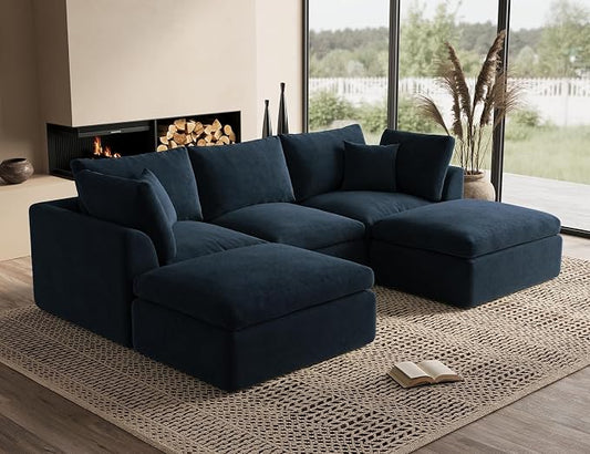 ohllob 110" Cloud Sectional Couches for Living Room, Boneless U Shaped Couch with Ottoman, 3 Seater Modular Sectional Sofa, Dark Blue