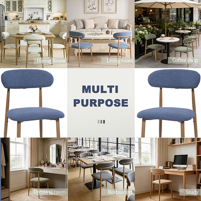 FREKEN Modern Upholstered Dining Chairs Set of 8, Mid-Century Metal Frame with Wood Grain, Linen Fabric Side Chair for Kitchen Dining Room, 350lbs Capacity, Blue