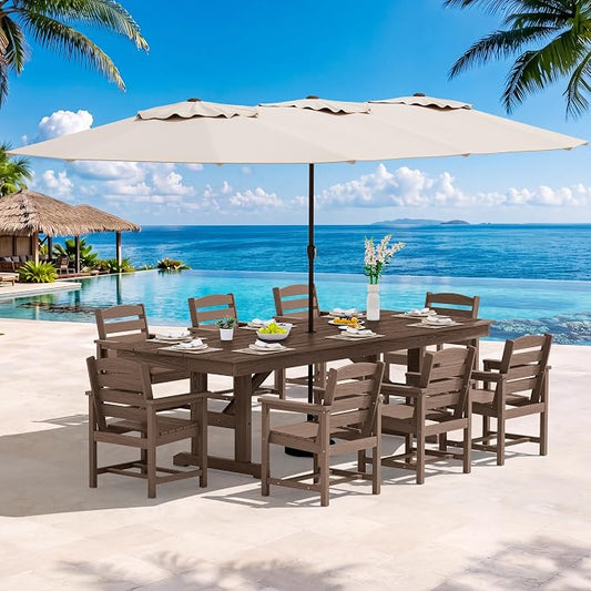 SERWALL 10 Piece 84" HDPE Outdoor Dining Set for 8 with 15ft Double-Sided Umbrella, Brown
