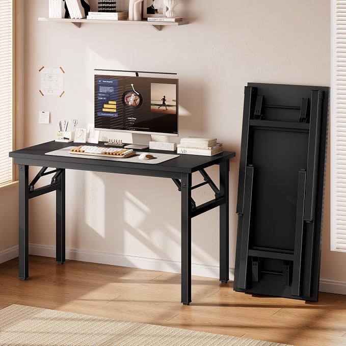 DlandHome Folding Desk for Small Spaces, 35.8'' Computer Desk Folding Table, Foldable Office Desk Computer Table Writing Workstation for Home Office, Study, Bedroom, No Assembly Required, Black&Black