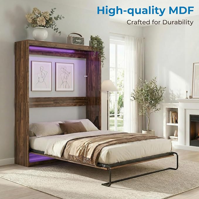 Mjkone Full Murphy Bed, Cabinet Beds Full Size, Modern Hidden Murphy Wall Chest Beds with Space-Saving Design, Adults Cabinet Guest Bed with 16 Colors of LED Lights for Bedroom, Apartment - Brown