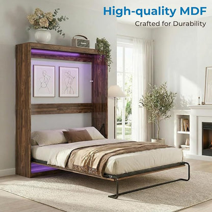 Mjkone Full Murphy Bed, Cabinet Beds Full Size, Modern Hidden Murphy Wall Chest Beds with Space-Saving Design, Adults Cabinet Guest Bed with 16 Colors of LED Lights for Bedroom, Apartment - Brown