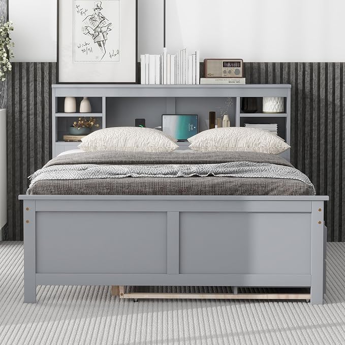 Merax Full Size Platform Bed with Storage Headboard, USB, Wood Bedframe with Twin Size Trundle and 3 Drawers, Grey