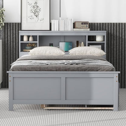 Merax Full Size Platform Bed with Storage Headboard, USB, Wood Bedframe with Twin Size Trundle and 3 Drawers, Grey