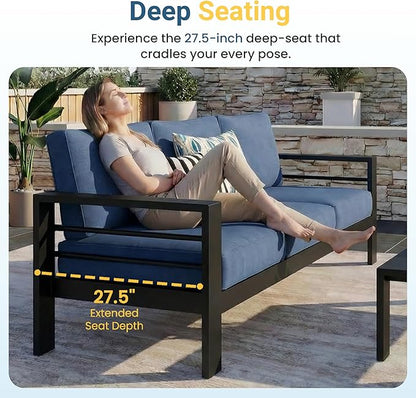 Wisteria Lane Aluminum Outdoor Sofa, 2 Pieces Patio Couch All-Weather Rust-Proof Modern Metal Patio Furniture with 5" Thick Olefin Cushions, Light Grey