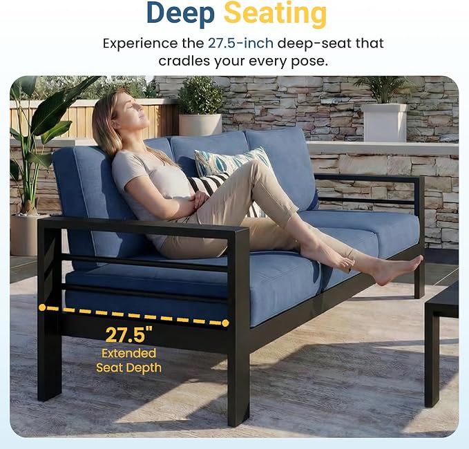 Wisteria Lane Aluminum Outdoor Sofa, 3 Pieces Patio Couch All-Weather Rust-Proof Modern Metal Patio Furniture with 5" Thick Olefin Cushions, Light Grey