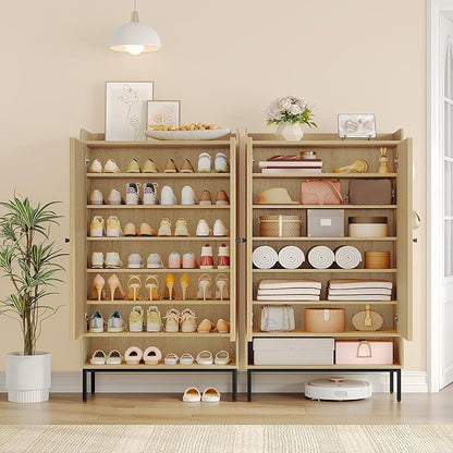 Hzuaneri Shoe Cabinet with Doors, 7-Tier Shoe Storage Cabinet with Adjustable Shelves, Wooden Shoes Organizer Cabinets with Top Storage Layer, 28-32 Pairs, for Entryway, Hallway, Rattan SR68702Y