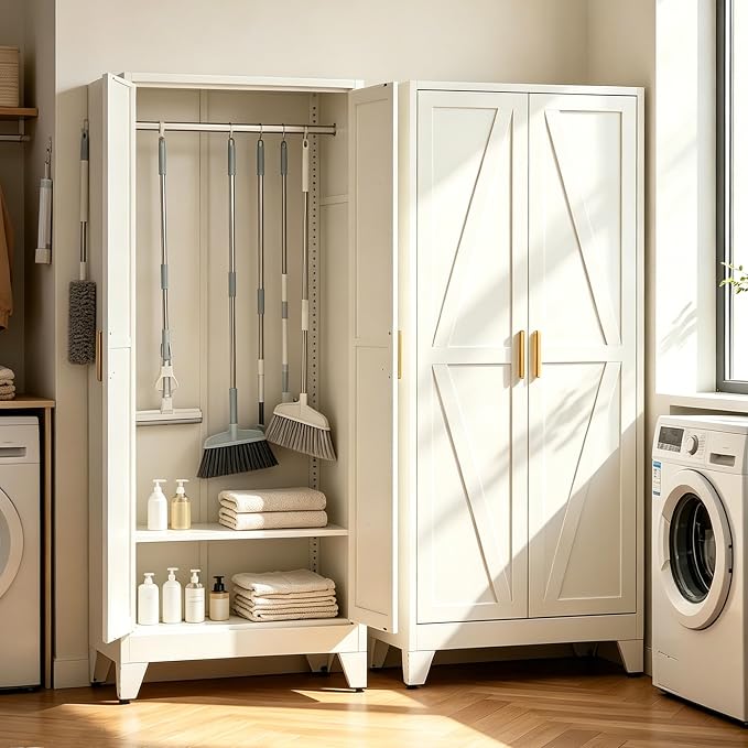 71" H White Armoire Wardrobe Closet,Metal Wardrobe Closet with Doors and Shelves,Tall Wardrobe Closet for Bedroom