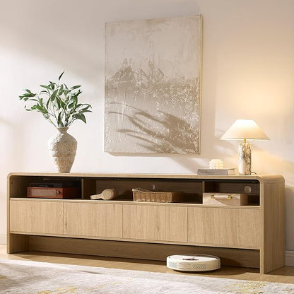AMERLIFE 70" Modern TV Stand for TVs Up to 80", Wood TV Console with Curved Profile Design & 2 Storage Cabinets, Media Console Entertainment Center for Living Room, Natural Oak
