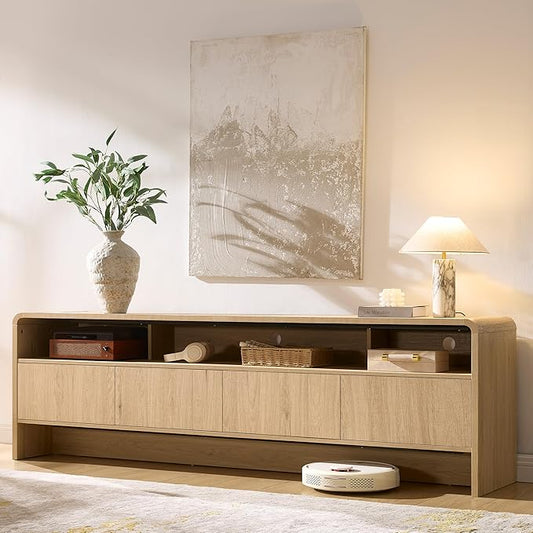 AMERLIFE 70" Modern TV Stand for TVs Up to 80", Wood TV Console with Curved Profile Design & 2 Storage Cabinets, Media Console Entertainment Center for Living Room, Natural Oak