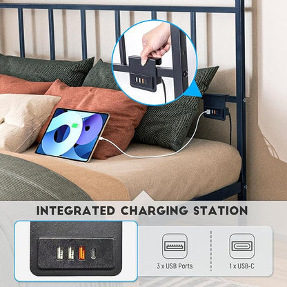 Floating Twin Size Platform Bed Frame with LED Lights & Charging Station - Includes Powered Screwdriver for Assembly, Mattress Fasteners & Corner Pads, Hardened Steel
