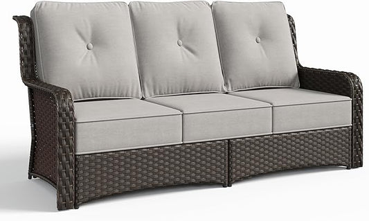 Sundale Outdoor Wicker 3-Seat Patio Sofa, Luxury Outdoor Couch with High Back & Wider Armrests, Patio Furniture with 6-inch Cushions for Yard, Deck, Poolside (Grey)