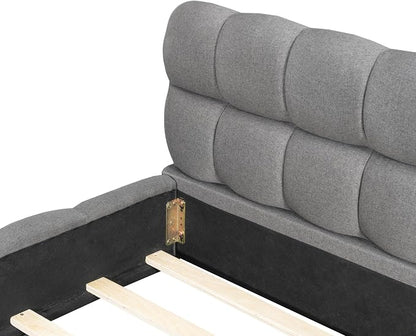 King Size Upholstered Platform Bed with Thick Fabric,Low Wood Grounded Bed W/Headboard & Footboard,Slat Support,No Box Spring Needed, Easy Assemble,Gray