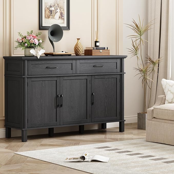 ONBRILL 55 Inch Buffet Cabinet with Storage, Farmhouse Sideboard Buffet w/2 Drawers and 3 Doors, Wood Coffee Bar Cabinet with Adjustable Shelves, Sideboard Storage for Kitchen, Living Room, Black
