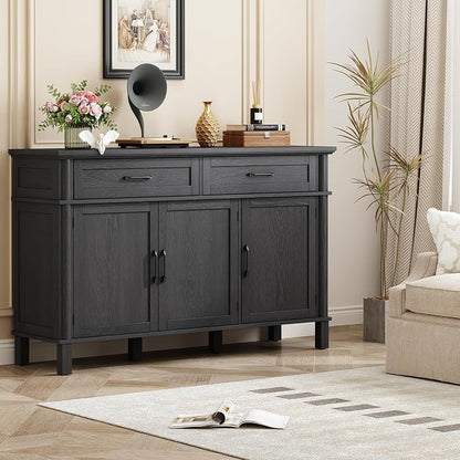 ONBRILL 55 Inch Buffet Cabinet with Storage, Farmhouse Sideboard Buffet w/2 Drawers and 3 Doors, Wood Coffee Bar Cabinet with Adjustable Shelves, Sideboard Storage for Kitchen, Living Room, Black