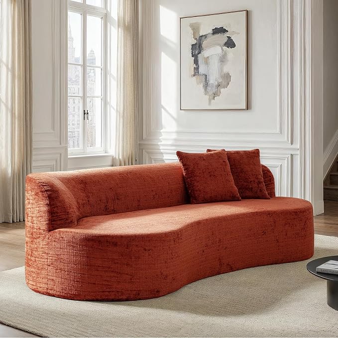 95" Modern Curved Compressed Sofa, All-Foam 3-Seater Cloud Couch with 2 Pillows, No Assembly Required Boneless Sofas for Living Room, Orange