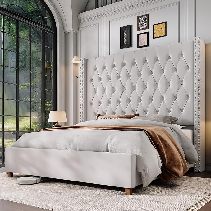 Jocisland Queen Bed Frame 61.4" Tall Headboard Velvet upholstered,Cream | Full Back Support Wingback Headboard,Deep Button Tufted Hand-crafted Pleats,Squeak-Free Sleep,Solid Wood Legs,Easy Assembly