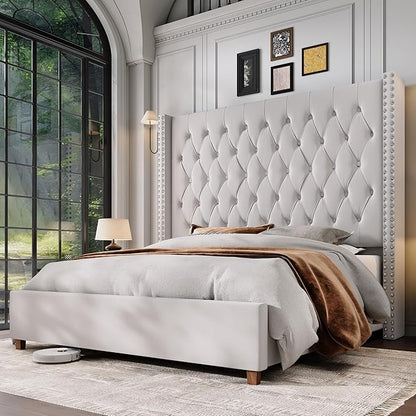 Jocisland King Bed Frame 61.4" Tall Headboard Velvet upholstered,Cream | Full Back Support Wingback Headboard,Deep Button Tufted Hand-crafted Pleats,Squeak-Free Sleep,Solid Wood Legs,Easy Assembly