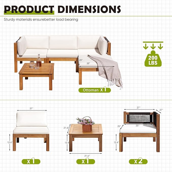 Greesum 5 Pieces Small Patio Sofa, Acacia Wood Outdoor Conversation Sets with Tea Table for Garden Porch and Backyard, Beige