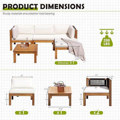 Greesum 5 Pieces Small Patio Sofa, Acacia Wood Outdoor Conversation Sets with Tea Table for Garden Porch and Backyard, Beige