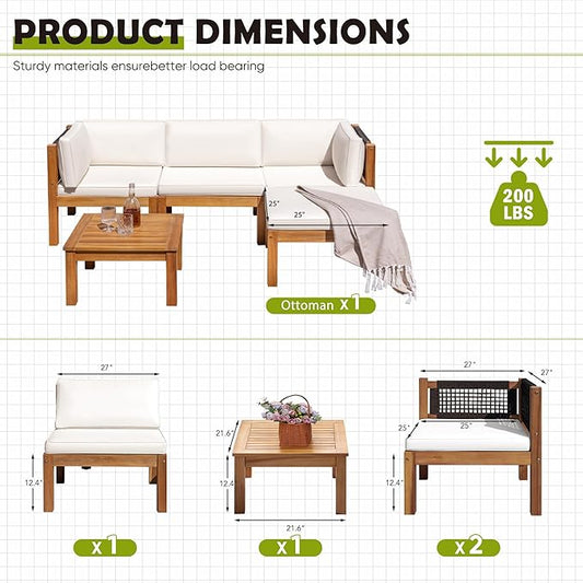 Greesum 5 Pieces Small Patio Sofa, Acacia Wood Outdoor Conversation Sets with Tea Table for Garden Porch and Backyard, Beige