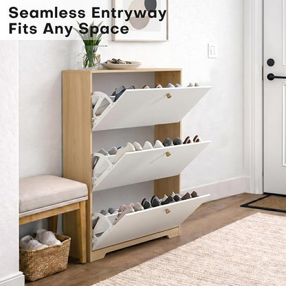 Nicetree Shoe Cabinet with 3 Flip Drawers，Freestanding Shoe Storage Cabinet, Narrow Shoe Organizer Cabinet, Farmhouse Slim Shoe Rack Cabinet for Entryway, Natural Oak and White with Hook