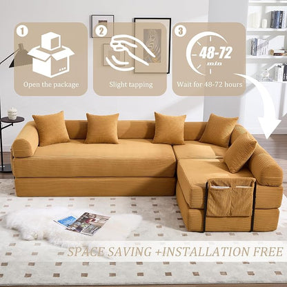 106" Oversized Convertible Sleeper Sofa Bed, Corduroy L Shape Sectional Couch, Folding Sofa Bed with Side Pocket, Modern Cloud Floor Mattress Couch, Modular Sofa for Living Room, Mustard Yellow