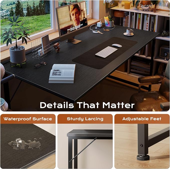 PRAISUN 54 X 24 Inch Deeper Desk with Power Outlets | Large Computer Desk for Bedroom, Office Desk for Work from Home, Writing Study Gaming Table, Stable Metal Frame, Black