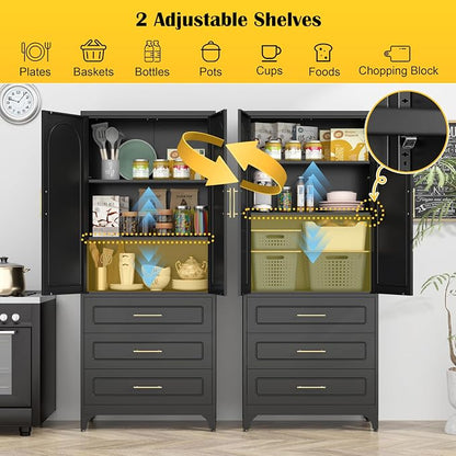 SteeLoong Metal Kitchen Pantry Storage Cabinet with 3 Drawers，75 Inch Black Food Pantry Cabinets for Kitchen Storage with 2 Adjustable Shelves,Tall Storage Cupboard for Living Room,Dining Room Office