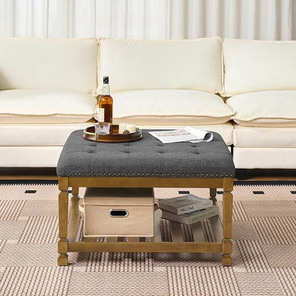 Befurtori Large Square Ottoman Coffee Table, Linen Solid Upholstered Footrest Ottoman with Solid Wood Shelf Storage Tufted Coffee Table for Bedroom Living Room-Dark Gray