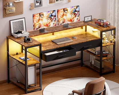Pamray 58 Inch Computer Desk with Monitor Stand and Shelves Gaming Desk with LED Lights & Power Outlets PC Vanity Table with 2 Drawers for Home Office Vintage