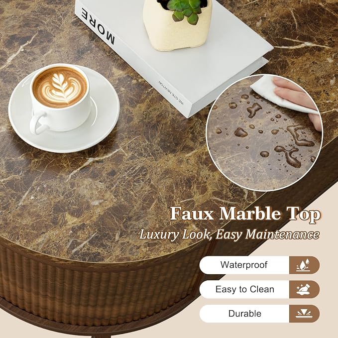 LYNCOHOME 43.3" Fluted Lift Top Coffee Table with Storage, Faux Marble Top Center Table, Modern Oval Coffee Table for Living Room or Home Office（Elegant Walnut）