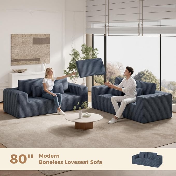 Luxanimarion 80'' Modern Cloud Loveseat Sofa, No Assembly Required Deep Seat Comfy Small Couches Includes 2 pcs Pillows for Living Room, Bedroom, Apartment(Grey)