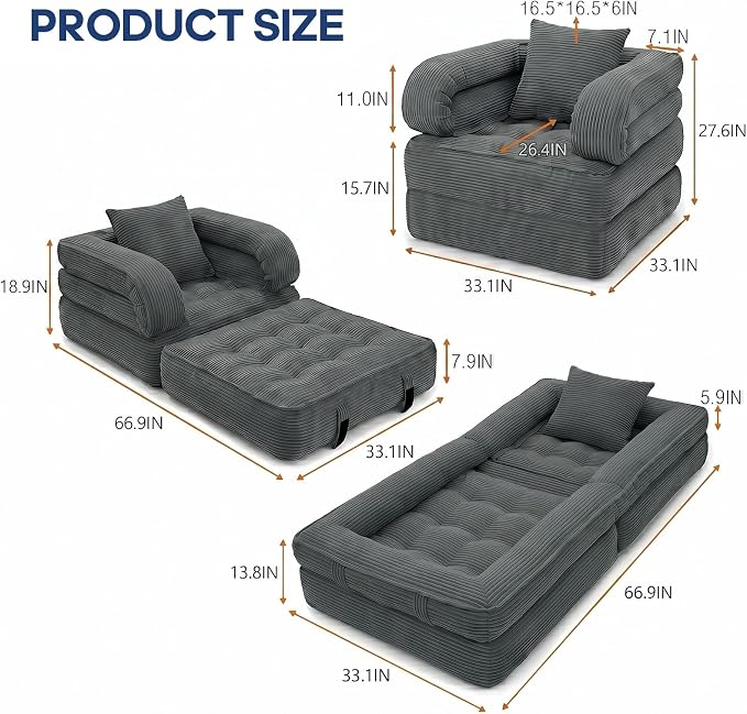 Folding Sofa Bed, Convertible Sleeper Chair with Armrests for Adults, Foldable Corduroy Boneless Bed, 3-in-1 Portable Futon Couch Floor Sofa with Pillow for Bedroom, Living Room, Dark Gray
