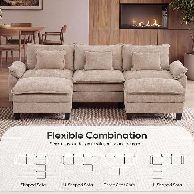 URRED Oversized Modular Sectional Sofa, 122" U Shaped Modern Comfy Cloud Couch with Movable Ottoman & Pillows, Deep Seat Couches for Living Room, Bedroom or Apartment (Chenille Khaki, 122" U Shaped)