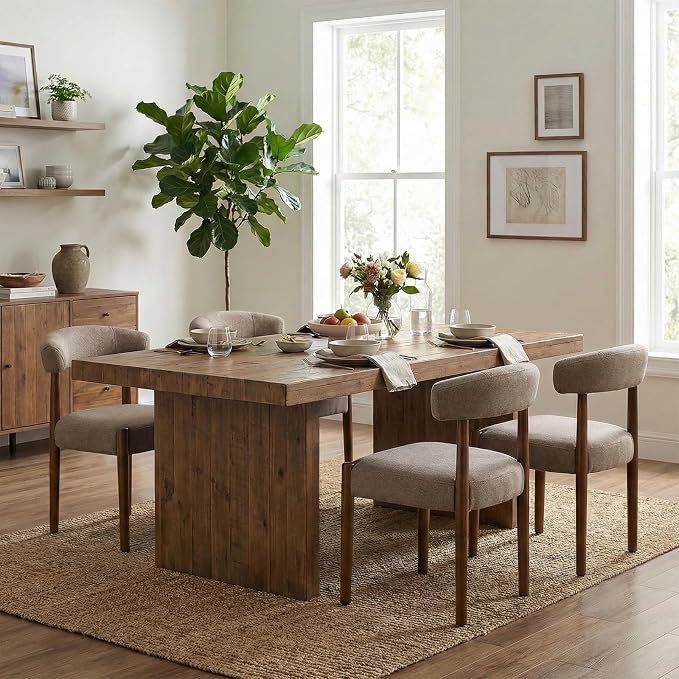 VKNOW Wooden Dining Chairs Set of 2, Modern Upholstered Dining Room Chairs with Walnut Wood Legs and Curved Backrest, Fabric Kitchen Chairs for Farmhouse/Living Room/Dining Room, Brown